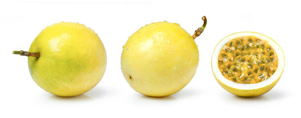 Yellow Passion fruit (Maracuya Passiflora) with cut in half sliced isolated on white background.