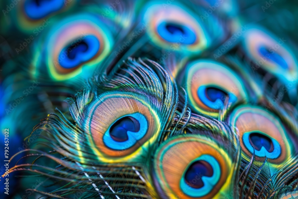Poster Close-up view of colorful and intricate peacock feathers with detailed patterns and textures creating a vibrant display
