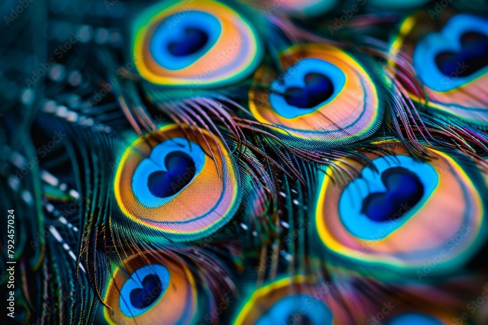 Poster detailed close-up of colorful peacock feathers showcasing intricate patterns and textures