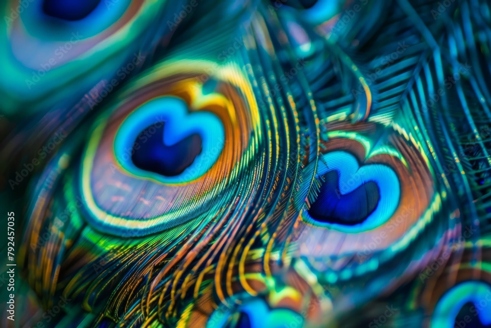 Poster detailed view of colorful peacock feathers showcasing intricate patterns and textures