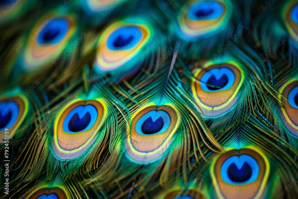 Poster detailed close-up view showcasing the intricate patterns and vibrant colors of peacock feathers