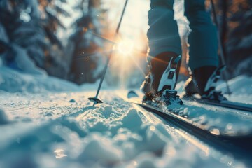 A person in ski gear swooshes down a snowy slope with a blurred background of winter landscape - obrazy, fototapety, plakaty