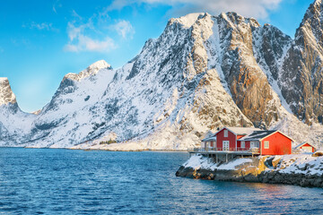 Traditional Norwegian red wooden houses on the shore of  Reinefjorden on Toppoya island - obrazy, fototapety, plakaty