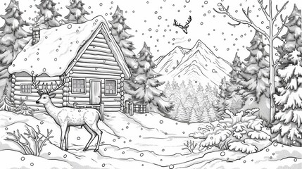 Fototapeta na wymiar Seasons: A coloring book illustration of a cozy cabin in a snowy forest