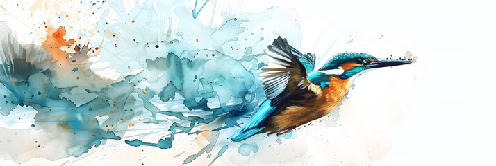 water color , kingfisher diving into a river