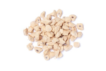 Dry Baobab seeds isolated on white background. Top view, flat lay.