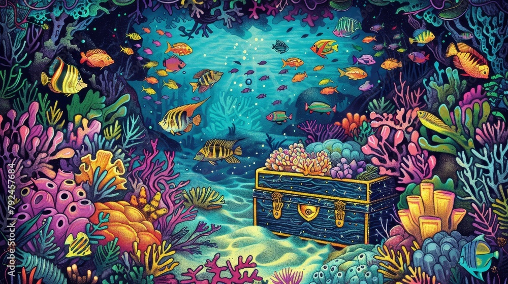 Wall mural underwater: a coloring book page featuring a scene of a diver exploring a sunken treasure chest