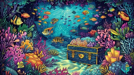 Underwater: A coloring book page featuring a scene of a diver exploring a sunken treasure chest