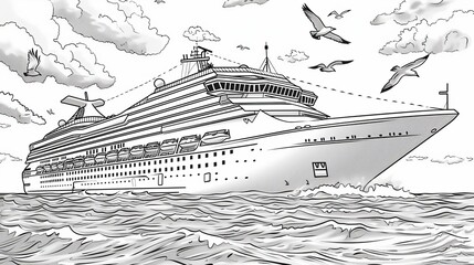 Vehicles: A coloring book page featuring a long, sleek cruise ship sailing on the ocean, with seagulls flying overhead
