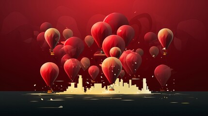 Abstract portrayal of startup investment rounds, illustrated with rising balloons, symbolizing financial uplift, on a solid maroon background