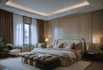 beige olive colour bedroom interior Spacious