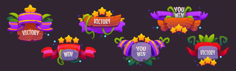 Naklejka premium Winner ui game icon. Casino victory interface popup for banner. Win element template for badge in mobile app. Bonus achievement screen frame for jackpot with text. Tropical rank button gambling kit