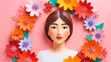 International Women's Day, copy space, portrait of a woman surrounded by vibrant paper-cut flowers.