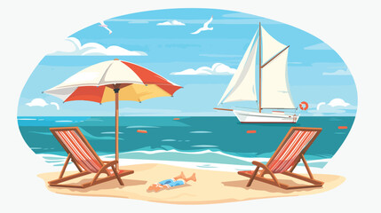 Fototapeta na wymiar Deck chairs and umbrella beach on the beach. Sailing