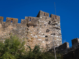 A view of the walls of an ancient fortress and the foreground of various bushes and trees.	