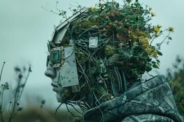 Science fiction robotic combining futuristic technology and surreal landscapes in a surreal woodland
