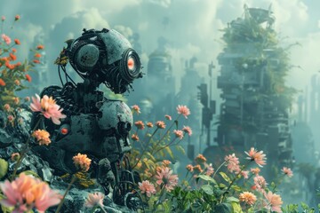 Cybernetic dreamscape with surreal elements with A solitary robot sits in a field of flower