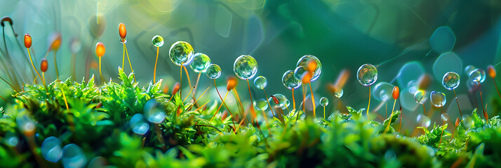 moss and grass macro photography with dew drops photorealistic - obrazy, fototapety, plakaty