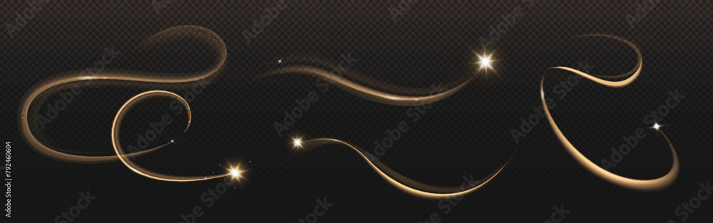 Aufkleber gold star with magic curve trail on transparent background. realistic vector illustration set of bri