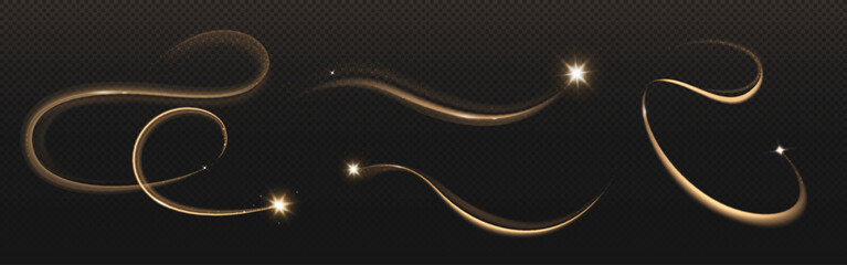 Gold star with magic curve trail on transparent background. Realistic vector illustration set of bright glowing twinkle with flare tail and sparkles. Motion of falling and shooting fairy meteor. © klyaksun