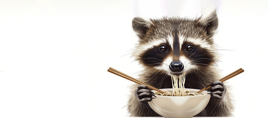 A raccoon is eating noodles with chopsticks. The image is playful and lighthearted, with the raccoon's cute expression and the use of chopsticks as a humorous prop. Cute racoon eats ramen