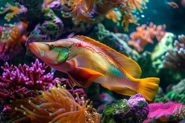 Colorful wrasse fish swimming among vibrant corals in a beautifully decorated saltwater aquarium