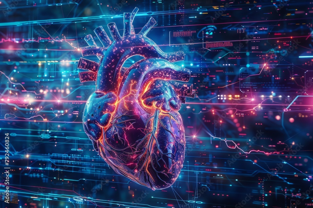 Poster a human heart is depicted in a cybernetic fusion, surrounded by a vibrant tech world of intersecting