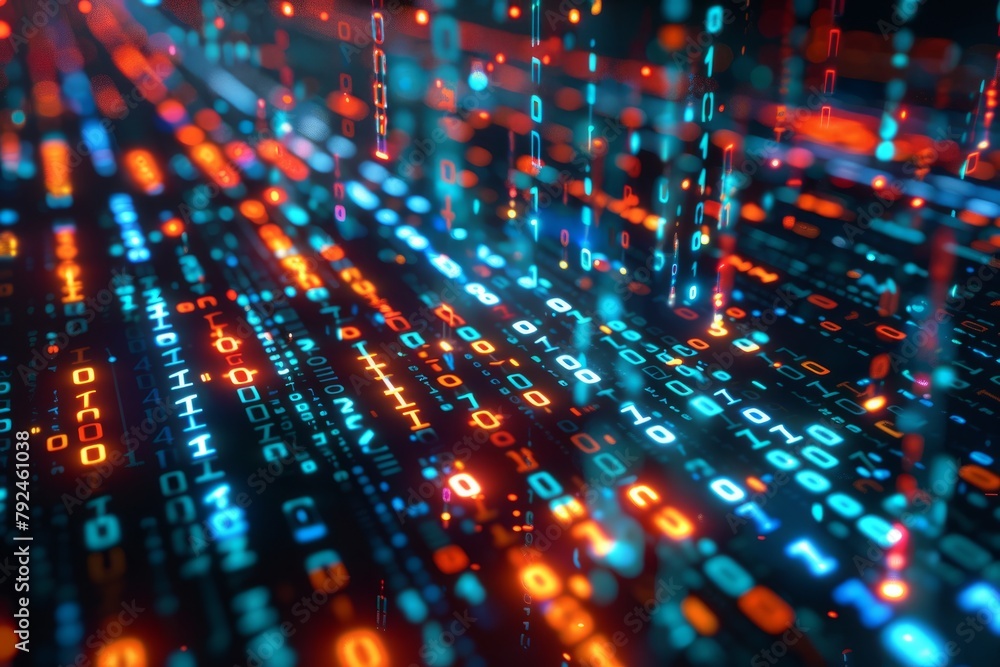 Fototapete A computer screen filled with a multitude of numbers, binary code, and encryption concepts, represented by glowing dots and pixelated data streams