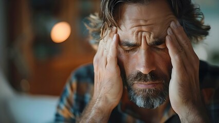 Signs of stress: Middle-aged man at home rubbing temples in pain. Concept Stress Management, Health and Well-being, Coping Mechanisms, Mental Health Awareness - obrazy, fototapety, plakaty