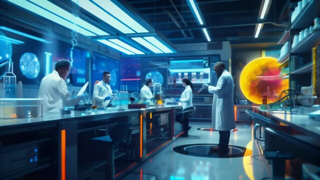 Scientists in white lab coats conducting experiments and research in a sleek, modern laboratory facility equipped with advanced technology.