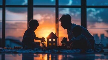 Silhouetted family engaging in playful activity with a toy house against a vibrant sunset backdrop through large windows. - obrazy, fototapety, plakaty