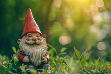 Obraz premium A small gnome figurine is positioned amidst lush green grass in a forest setting. The background features a blur of natural elements