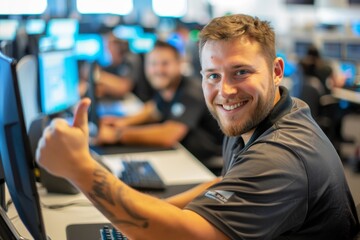 Fototapeta premium A man excitedly gives a thumbs up in front of a computer screen, showcasing positive feedback in a call center environment