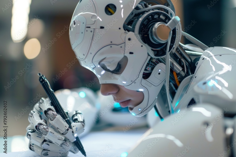 Poster a futuristic ai robot is seen writing on a piece of paper with a pen. the robot appears to be assist