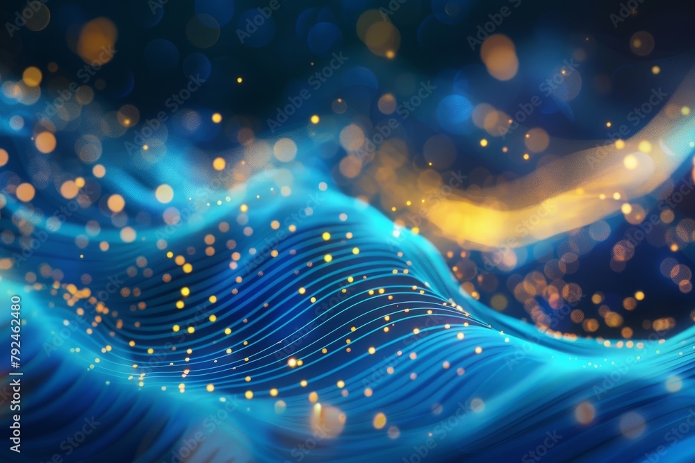 Poster a blue wave pattern with shimmering gold dots, creating a dynamic and modern design