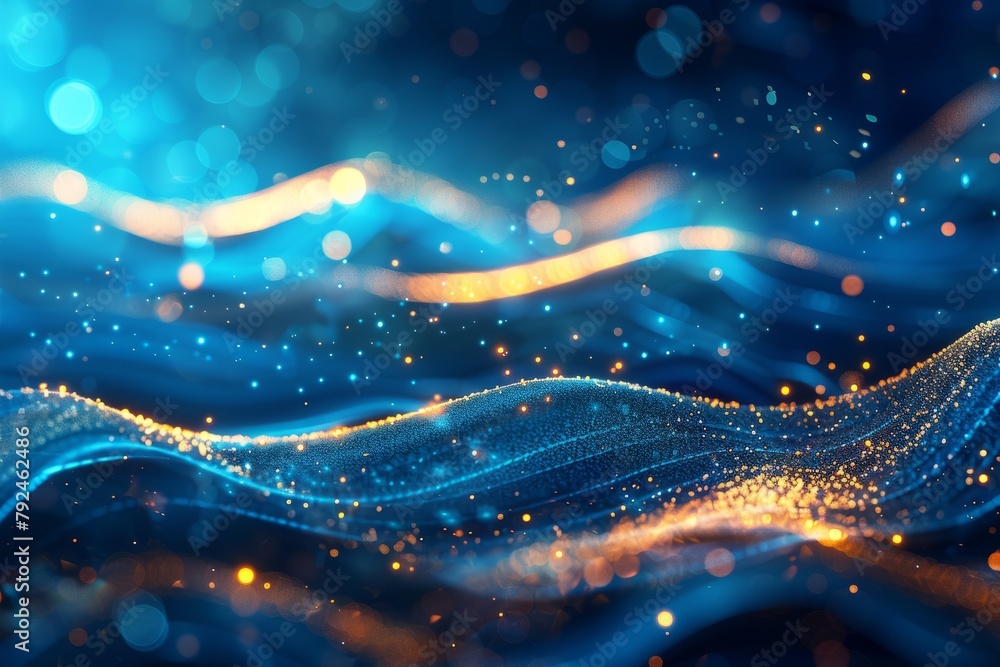 Poster blue and gold abstract background with blurred lights, creating a mesmerizing and lively visual effe