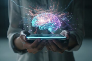 A person holding a tablet with a holographic human brain projection above it, showcasing futuristic technology