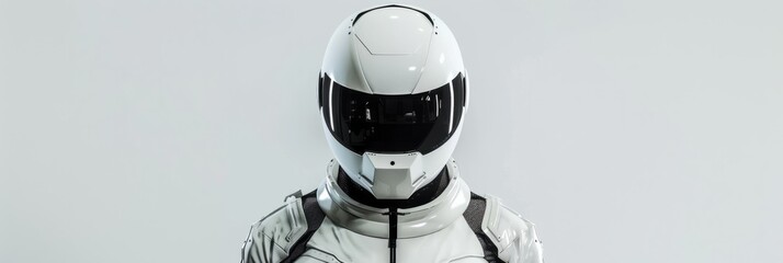 White cyborg robot dressed in a white cyberpunk futuristic racing suit, the robot wears a white futuristic helmet, plain white background - obrazy, fototapety, plakaty