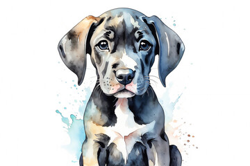 Watercolor Great Dane puppy isolated on white background.  Pet Portrait with copy space.