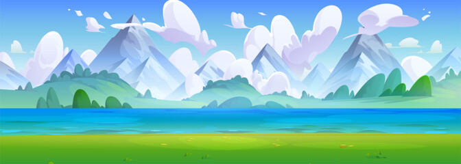 Summer day landscape with river or lake at foot of high rocky mountains. Cartoon vector illustration of sunny scenery with green grass and bushes on banks of pond near hills, blue sky with clouds.