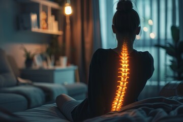A woman in pain sits on a bed with her back turned to the camera, highlighting her spine in this digital composite image depicting a healthcare concept in a home environment