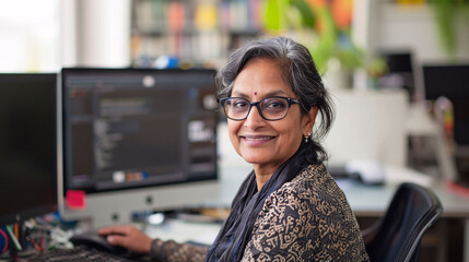 A middle aged indian woman working in office.