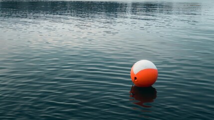 Side view, orange white buoy stands alone in the water, copy and text space, 16:9