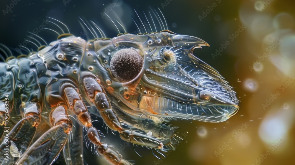 Poster a microscopic view of a water flea with its segmented body and tiny appendages magnified to reveal i