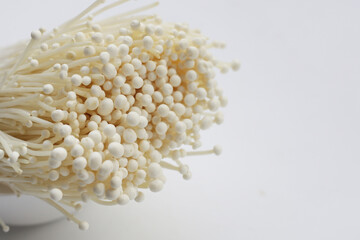 Fresh Enoki mushrooms on white background