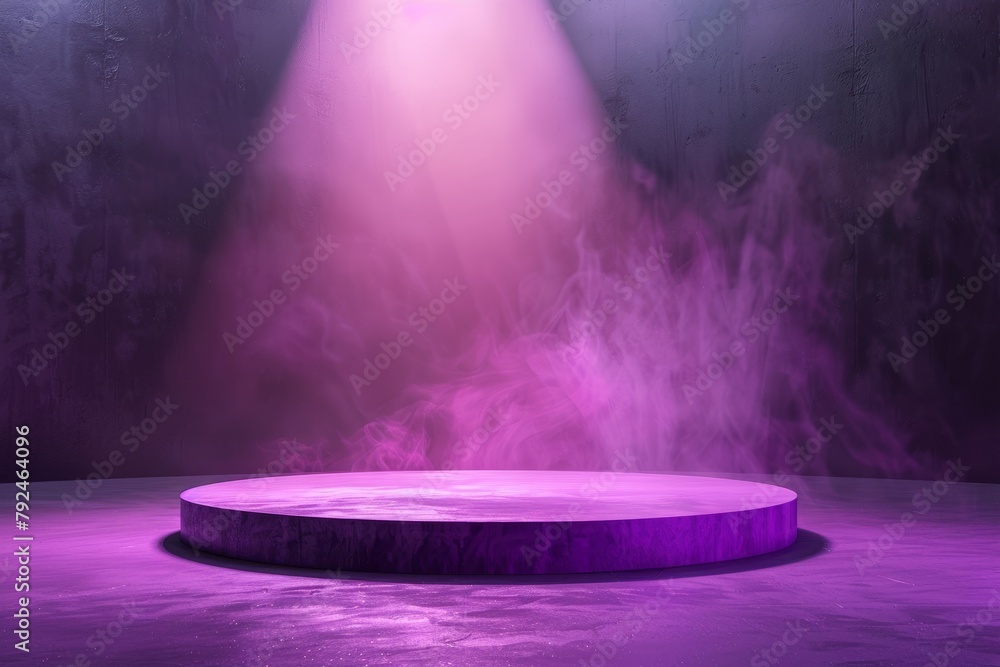 Poster a purple light shines on a podium on a stage, creating an abstract and vibrant scene for product dis