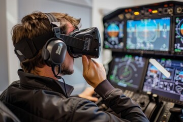 A man wearing headphones and a headset is operating a control panel in a flight simulator at an aviation school