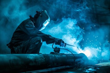 A professional welder is seen working on a pipe in a factory. Sparks fly as they skillfully weld the metal together in a blue-lit industrial setting