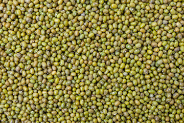 Uncooked, green mung beans background. Dry mung beans grains. Top view - obrazy, fototapety, plakaty