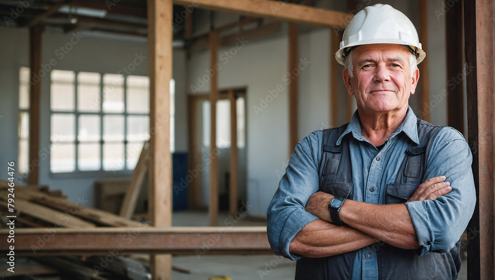 Wall mural portrait of successful experienced positive male builder smiling with his helmet on the head and saf